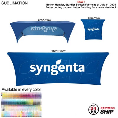 24 Hr Express Ship - Sublimated Stretch Curved Fit Table Throw for 8' table, 3 sided, Open Back