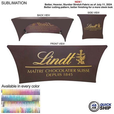 48 Hr Quick Ship - Sublimated Stretch Curved Fit Table Throw for 6' table, 3 sided, Open Back